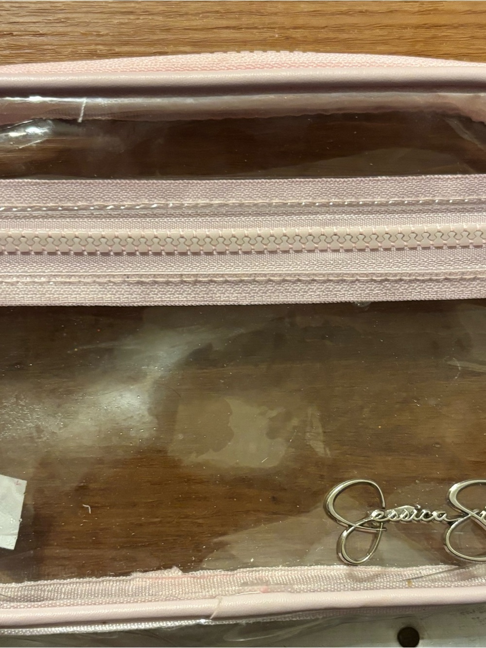 Jessica Simpson Pink Clear Cosmetic Pouch Metal Brand Logo Like New Condition